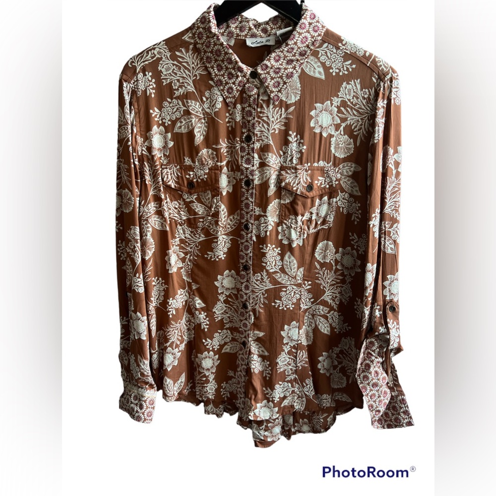 LOLA P. 100% RAYON BOHO BUTTON DOWN BLOUSE LONG SLEEVES Sz L A166